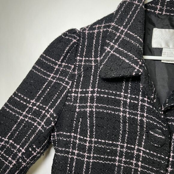 BB Dakota Pea Coat Womens Size Large Black Pink Plaid Two Button Front Acrylic - Picture 5 of 11